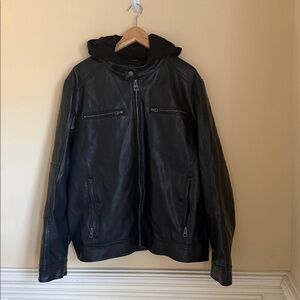 Guess Men's Faux Leather Hooded Moto Jacket Sz XL‎